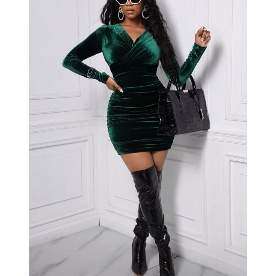 Kadın Uzun Kollu çapraz Yakalı Mini Kadife Elbise , 31078
