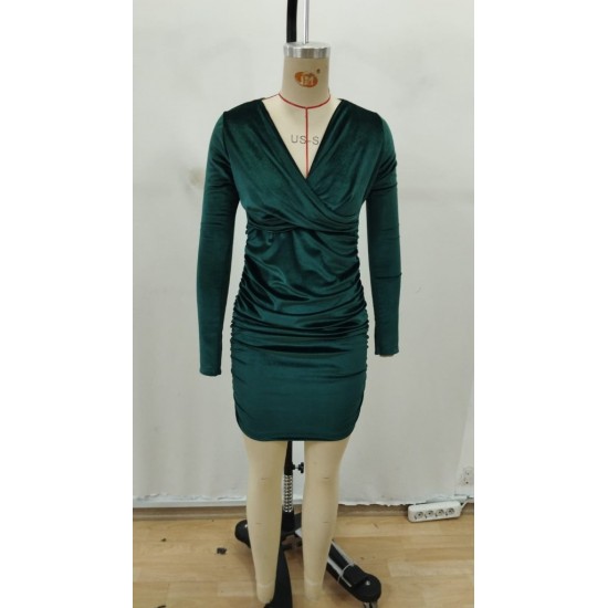 Kadın Uzun Kollu çapraz Yakalı Mini Kadife Elbise , 31078