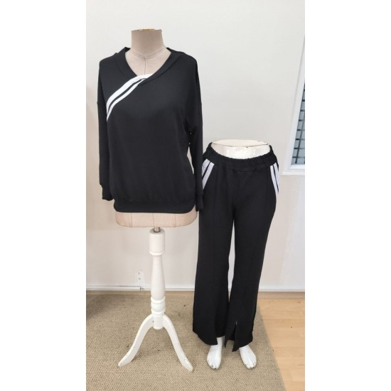 Kadın Uzun Kollu V Yakalı şerit Detaylı Viskon Iki Iplik Bluz Ve Pantolon Ikili Takım , 31093