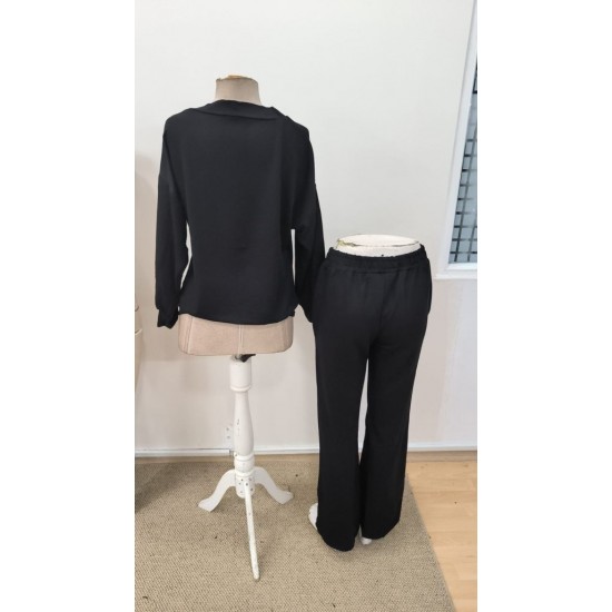 Kadın Uzun Kollu V Yakalı şerit Detaylı Viskon Iki Iplik Bluz Ve Pantolon Ikili Takım , 31093