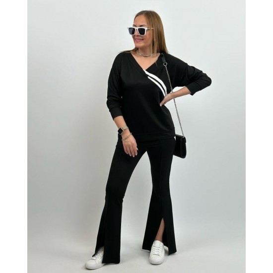 Kadın Uzun Kollu V Yakalı şerit Detaylı Viskon Iki Iplik Bluz Ve Pantolon Ikili Takım , 31093