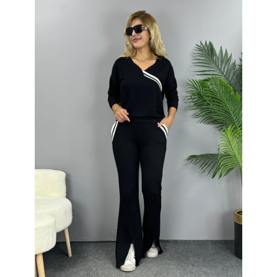 Kadın Uzun Kollu V Yakalı şerit Detaylı Viskon Iki Iplik Bluz Ve Pantolon Ikili Takım , 31093