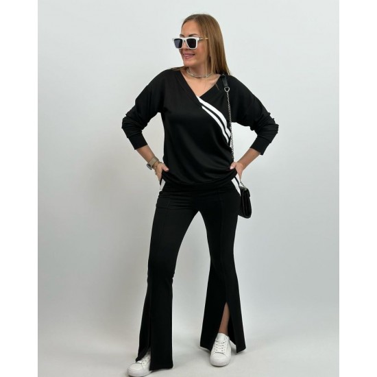 Kadın Uzun Kollu V Yakalı şerit Detaylı Viskon Iki Iplik Bluz Ve Pantolon Ikili Takım , 31093
