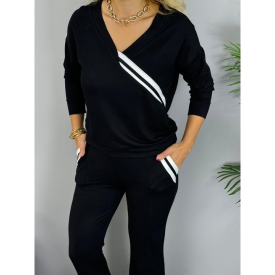 Kadın Uzun Kollu V Yakalı şerit Detaylı Viskon Iki Iplik Bluz Ve Pantolon Ikili Takım , 31093