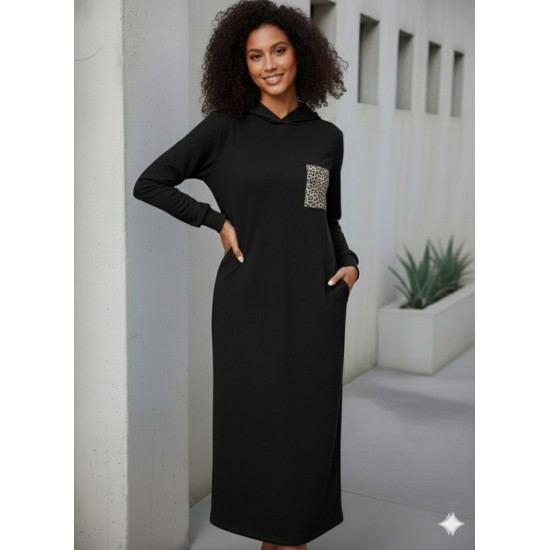 Kadın Uzun Kollu Kapşonlu Cep Detaylı Viskon Iki Iplik Maxi Elbise , 31090