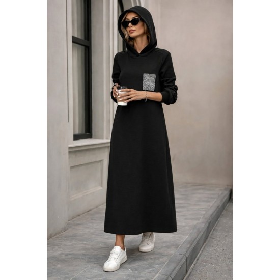 Kadın Uzun Kollu Kapşonlu Cep Detaylı Viskon Iki Iplik Maxi Elbise , 31090