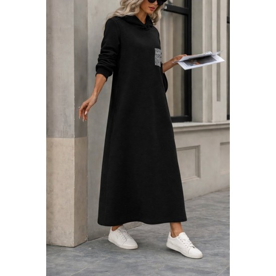 Kadın Uzun Kollu Kapşonlu Cep Detaylı Viskon Iki Iplik Maxi Elbise , 31090