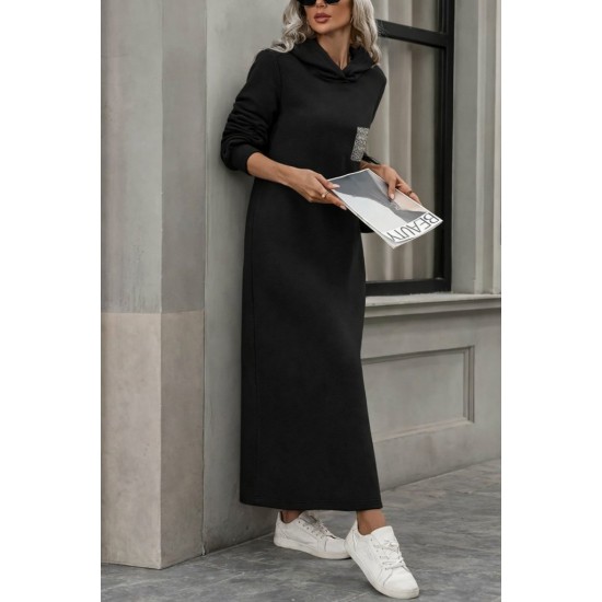 Kadın Uzun Kollu Kapşonlu Cep Detaylı Viskon Iki Iplik Maxi Elbise , 31090