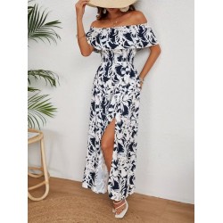 Kadın Omuzlardan Açık Madonna Yaka çiçek Desenli Yırtmaçlı Uzun Süprem Elbise , 31087