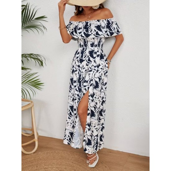 Kadın Omuzlardan Açık Madonna Yaka çiçek Desenli Yırtmaçlı Uzun Süprem Elbise , 31087