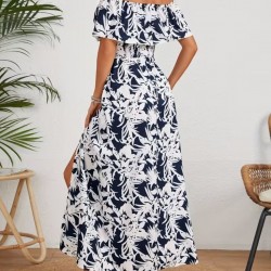 Kadın Omuzlardan Açık Madonna Yaka çiçek Desenli Yırtmaçlı Uzun Süprem Elbise , 31087