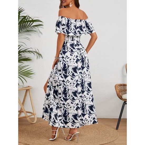 Kadın Omuzlardan Açık Madonna Yaka çiçek Desenli Yırtmaçlı Uzun Süprem Elbise , 31087