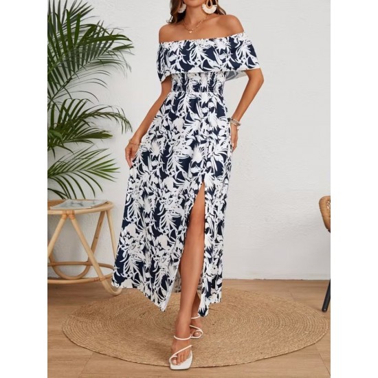 Kadın Omuzlardan Açık Madonna Yaka çiçek Desenli Yırtmaçlı Uzun Süprem Elbise , 31087