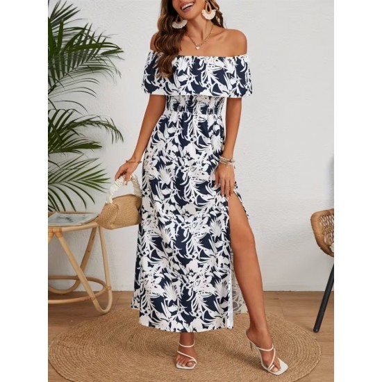 Kadın Omuzlardan Açık Madonna Yaka çiçek Desenli Yırtmaçlı Uzun Süprem Elbise , 31087