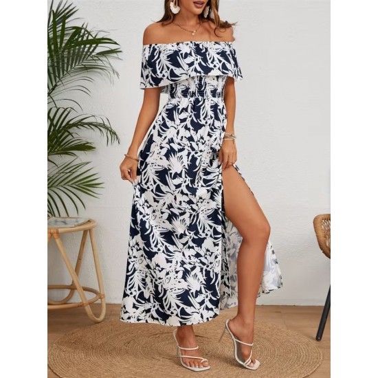 Kadın Omuzlardan Açık Madonna Yaka çiçek Desenli Yırtmaçlı Uzun Süprem Elbise , 31087