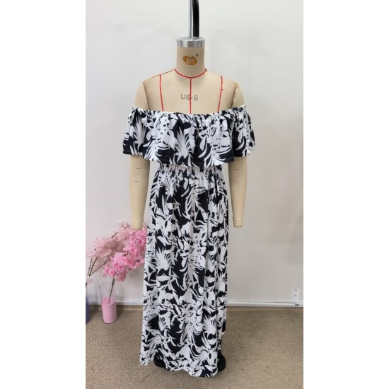 Kadın Omuzlardan Açık Madonna Yaka çiçek Desenli Yırtmaçlı Uzun Süprem Elbise , 31087