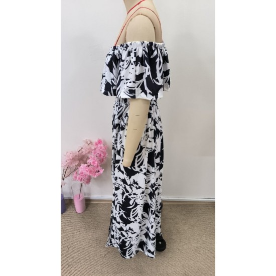 Kadın Omuzlardan Açık Madonna Yaka çiçek Desenli Yırtmaçlı Uzun Süprem Elbise , 31087