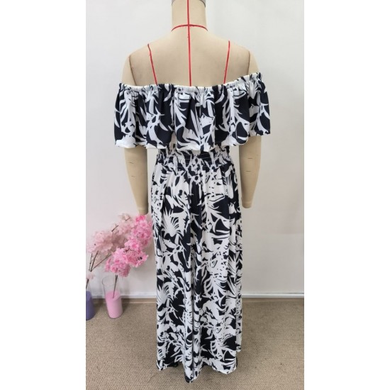 Kadın Omuzlardan Açık Madonna Yaka çiçek Desenli Yırtmaçlı Uzun Süprem Elbise , 31087