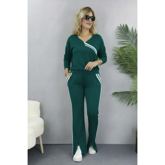 Kadın Uzun Kollu V Yakalı şerit Detaylı Viskon Iki Iplik Bluz Ve Pantolon Ikili Takım , 31092