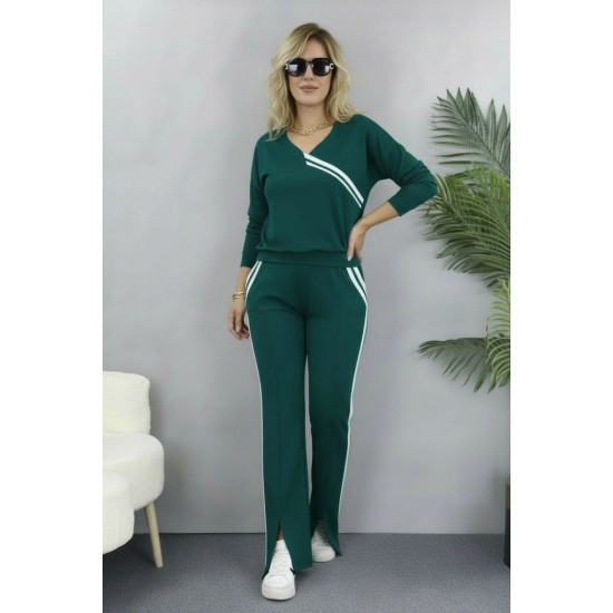 Kadın Uzun Kollu V Yakalı şerit Detaylı Viskon Iki Iplik Bluz Ve Pantolon Ikili Takım , 31092