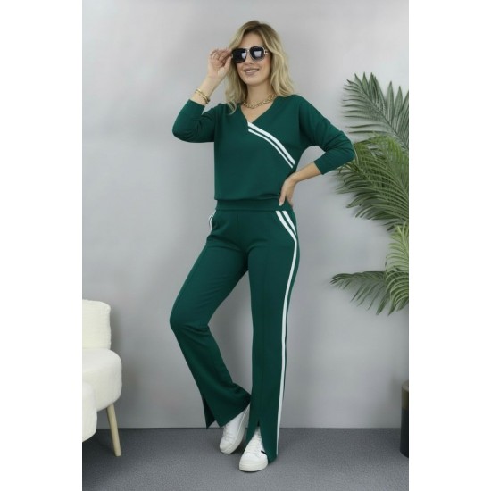 Kadın Uzun Kollu V Yakalı şerit Detaylı Viskon Iki Iplik Bluz Ve Pantolon Ikili Takım , 31092