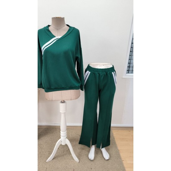 Kadın Uzun Kollu V Yakalı şerit Detaylı Viskon Iki Iplik Bluz Ve Pantolon Ikili Takım , 31092