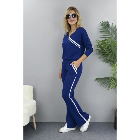 Kadın Uzun Kollu V Yakalı şerit Detaylı Viskon Iki Iplik Bluz Ve Pantolon Ikili Takım , 31091