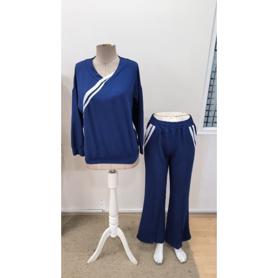 Kadın Uzun Kollu V Yakalı şerit Detaylı Viskon Iki Iplik Bluz Ve Pantolon Ikili Takım , 31091