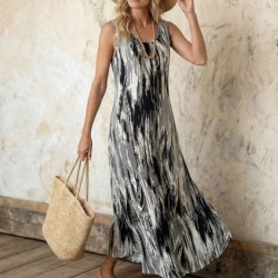 Kadın Askılı Yuvarlak Yakalı Cepli Uzun Desenli Süprem Elbise, 31109