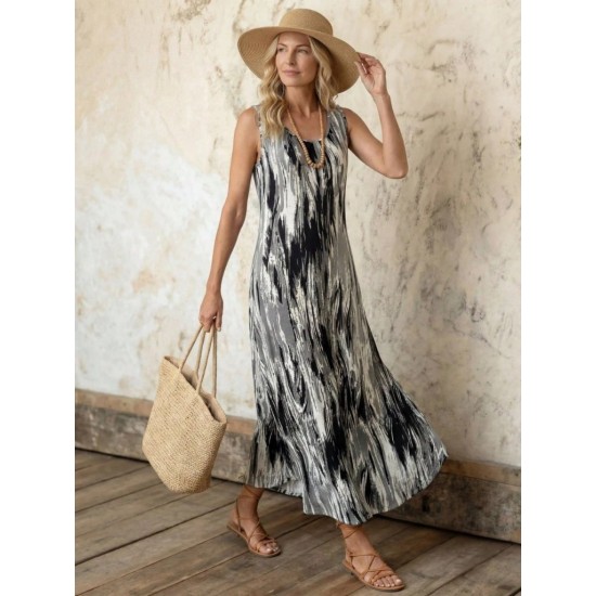Kadın Askılı Yuvarlak Yakalı Cepli Uzun Desenli Süprem Elbise, 31109