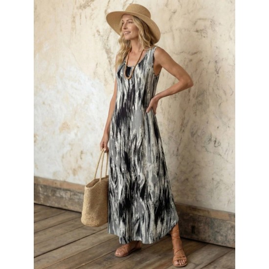 Kadın Askılı Yuvarlak Yakalı Cepli Uzun Desenli Süprem Elbise, 31109