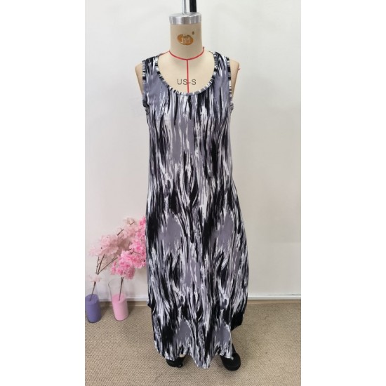 Kadın Askılı Yuvarlak Yakalı Cepli Uzun Desenli Süprem Elbise, 31109