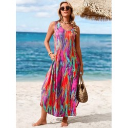 Kadın Askılı Yuvarlak Yakalı Cepli Uzun Desenli Süprem Elbise, 31108