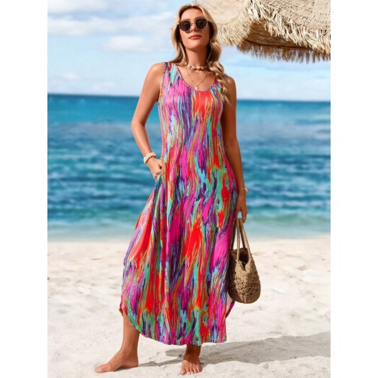 Kadın Askılı Yuvarlak Yakalı Cepli Uzun Desenli Süprem Elbise, 31108