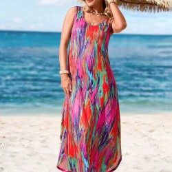 Kadın Askılı Yuvarlak Yakalı Cepli Uzun Desenli Süprem Elbise, 31108