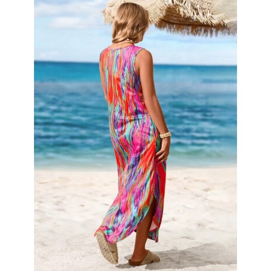 Kadın Askılı Yuvarlak Yakalı Cepli Uzun Desenli Süprem Elbise, 31108