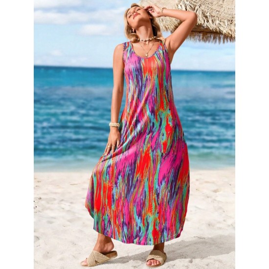 Kadın Askılı Yuvarlak Yakalı Cepli Uzun Desenli Süprem Elbise, 31108