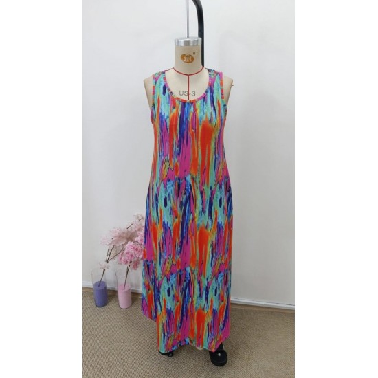 Kadın Askılı Yuvarlak Yakalı Cepli Uzun Desenli Süprem Elbise, 31108