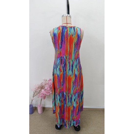 Kadın Askılı Yuvarlak Yakalı Cepli Uzun Desenli Süprem Elbise, 31108