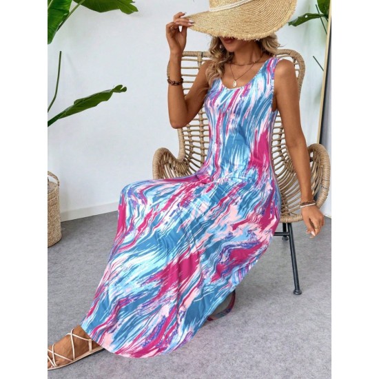 Kadın Askılı Yuvarlak Yakalı Cepli Uzun Desenli Süprem Elbise, 31107