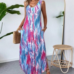 Kadın Askılı Yuvarlak Yakalı Cepli Uzun Desenli Süprem Elbise, 31107