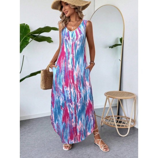 Kadın Askılı Yuvarlak Yakalı Cepli Uzun Desenli Süprem Elbise, 31107