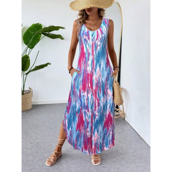 Kadın Askılı Yuvarlak Yakalı Cepli Uzun Desenli Süprem Elbise, 31107