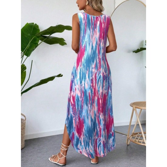 Kadın Askılı Yuvarlak Yakalı Cepli Uzun Desenli Süprem Elbise, 31107