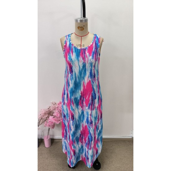 Kadın Askılı Yuvarlak Yakalı Cepli Uzun Desenli Süprem Elbise, 31107