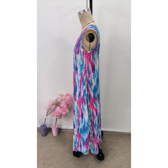 Kadın Askılı Yuvarlak Yakalı Cepli Uzun Desenli Süprem Elbise, 31107