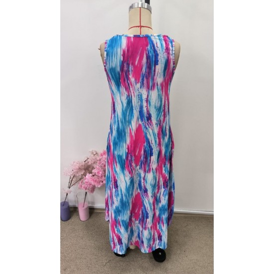 Kadın Askılı Yuvarlak Yakalı Cepli Uzun Desenli Süprem Elbise, 31107