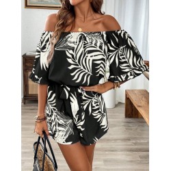 Kadın Omuzlardan Açık Madonna Yakalı Beli Kuşaklı Desenli Kısa Süprem Tulum, 31106 Kadın Omuzlardan Açık Madonna Yakalı Beli Kuşaklı Desenli Kısa Süprem Tulum, 31106