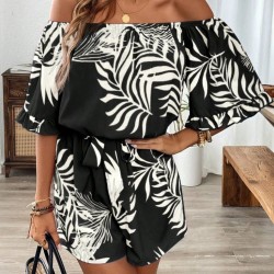 Kadın Omuzlardan Açık Madonna Yakalı Beli Kuşaklı Desenli Kısa Süprem Tulum, 31106 Kadın Omuzlardan Açık Madonna Yakalı Beli Kuşaklı Desenli Kısa Süprem Tulum, 31106