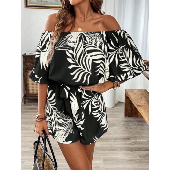 Kadın Omuzlardan Açık Madonna Yakalı Beli Kuşaklı Desenli Kısa Süprem Tulum, 31106